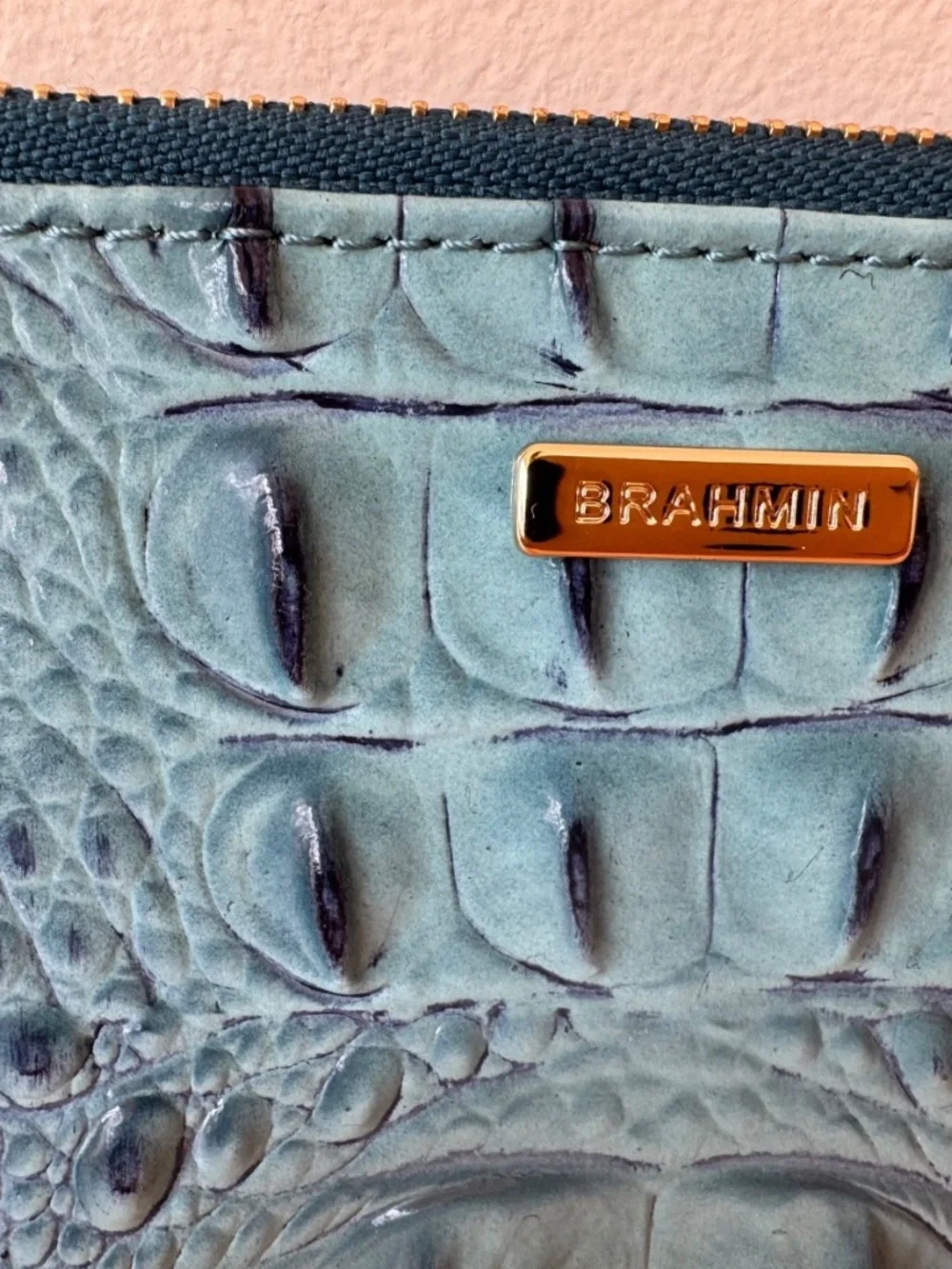 Brahmin Daisy Croc Leather Wristlet Bag Clutch Bottle Blue Ombre Melbourne New